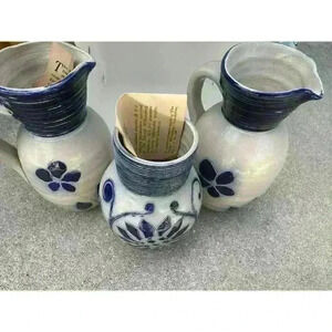 Williamsburg Pottery Pitcher Set Vintage Colonial Stoneware Blue Salt Glaze  USA